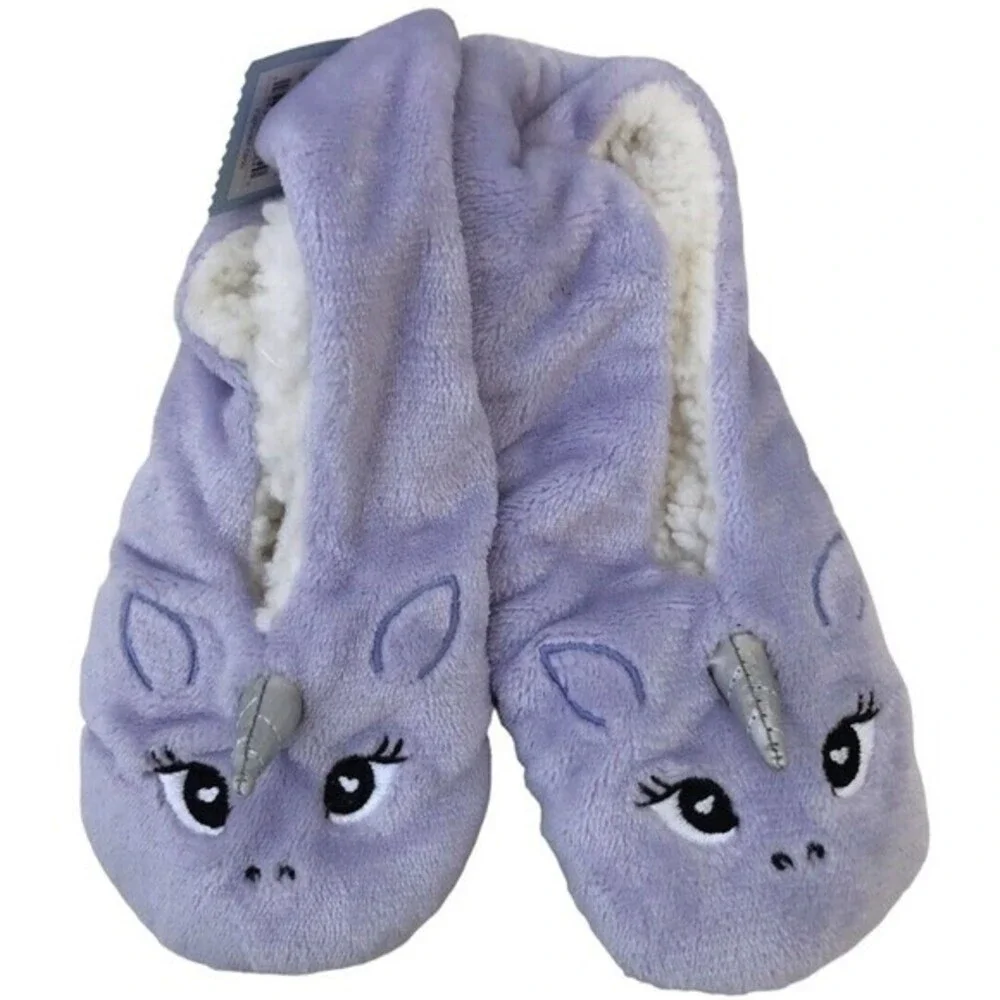 NEW Cat & Jack Kids Slippers Purple Unicorn Plush Gripper Bottoms Size M/L